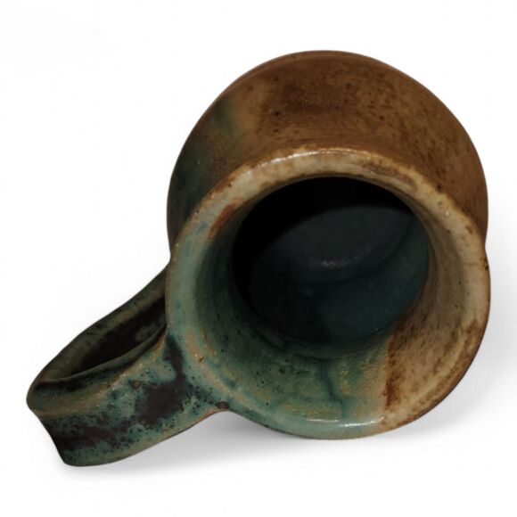 Handmade Pottery Creamer Pitcher, Clay Pottery, 3" Wide, Glazed Tan Teal, Signed - Picture 4 of 8